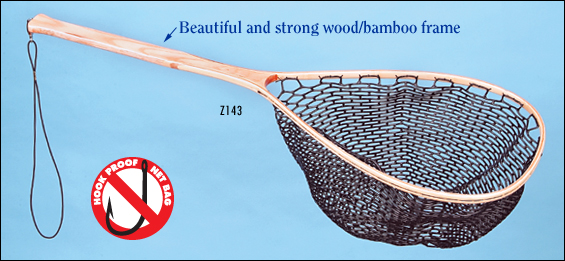 Trout Nets, Wooden Handle Trout Net with Rubber Mesh Webbing